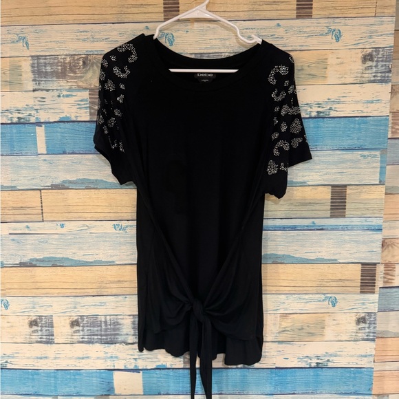 Bebe Black Short Sleeve Top with Embellished Sleeves - Picture 1 of 5